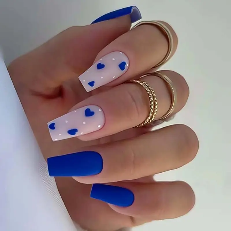 Long Fake Nails with Hearts Design Blue Nails Matte for Women 24 PCs/Set