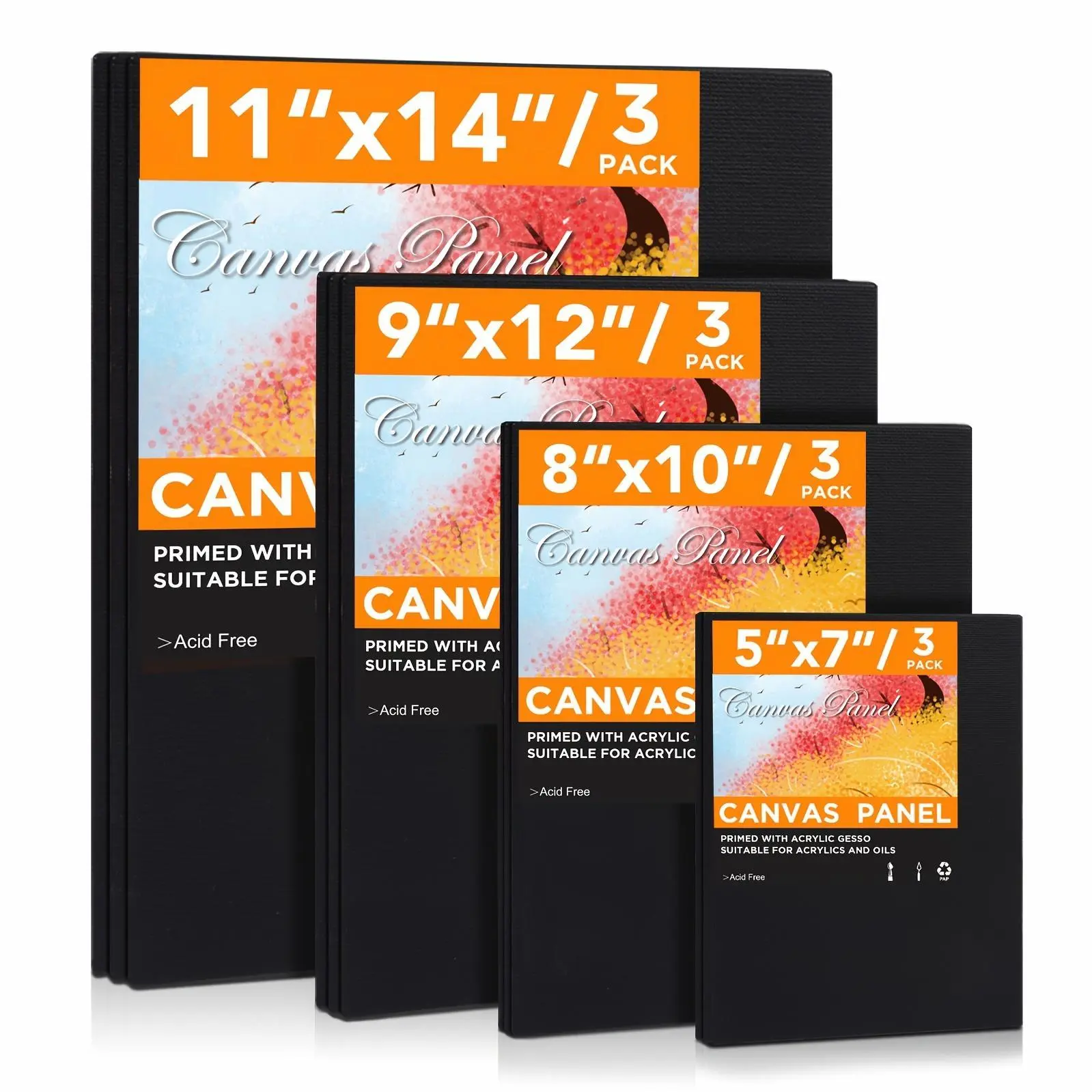 Professional Artist Canvas Panels Multi-Size 12-Pack - Acid-Free Primed Painting Surface for Oil Acrylic Watercolor Painting (11x14, 9x12, 8x10, 5x7 Studio Art Boards)