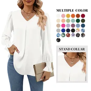 Funlingo Women's 2026 Long Sleeve Tops Dressy Casual V Neck Tunic Shirts Loose Chiffon Work Blouse