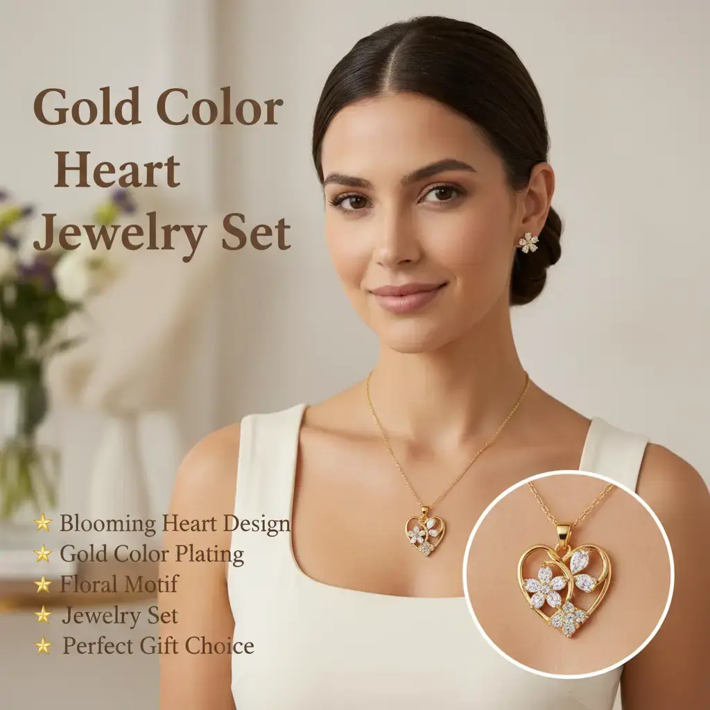 Blooming Heart Gold-Plated Necklace and Flower Stud Earring Set for Women
