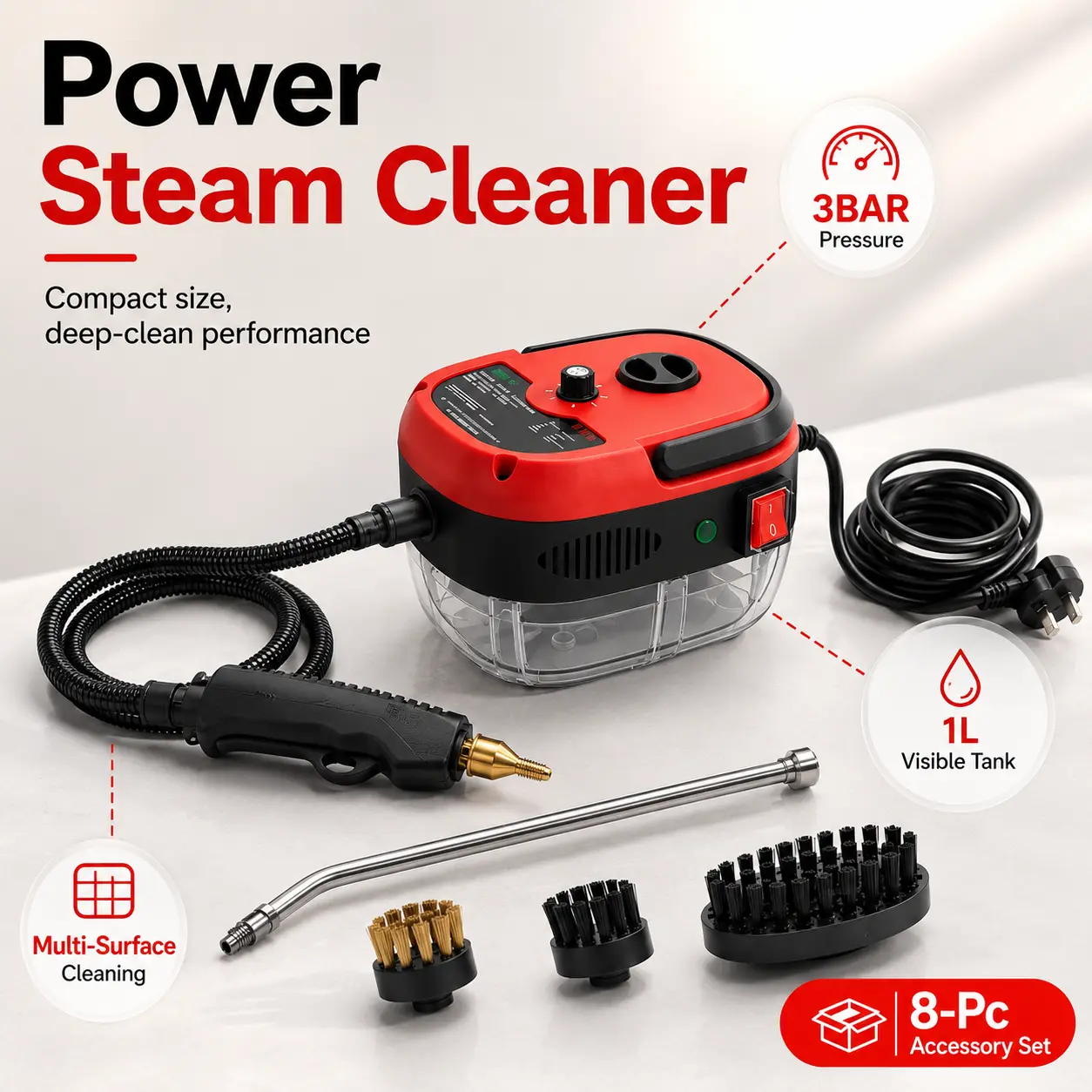Handheld Steam Cleaner (001 Model) - Small Portable High-Pressure Red White Corded Unit with 6-Speed Settings, Extended Hose, Large Capacity, 1 Extended Curved Spray Gun, 1 Large Brush, Sanitizing for Air Conditioners, Range Hoods, Floors