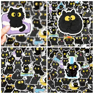 50pcs of adorable, fluffy, big-eyed black cat cartoon stickers, Sticker Decals, suitable for scrapbooks, diaries, laptops, water bottles, cars, and other items. A gift with a positive message and based on beliefs.