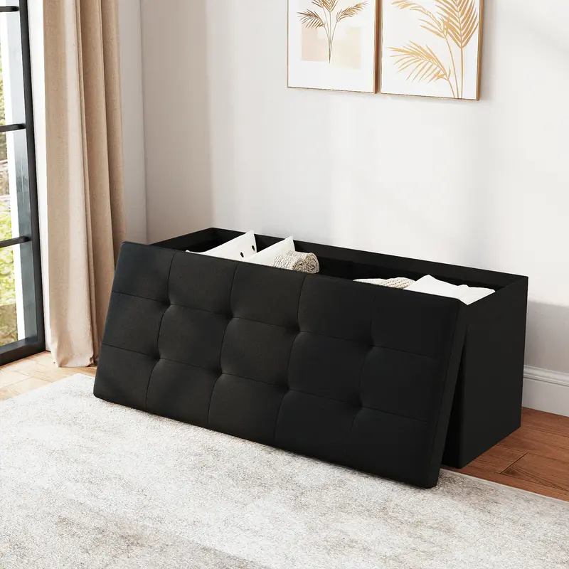 Durable Folding Ottoman Bench 660 lbs Capacity Padded Seat Fabric Leather Toy Box Chest Black Tufted Design for Kids' Room Bedroom Living Room Space-Saving