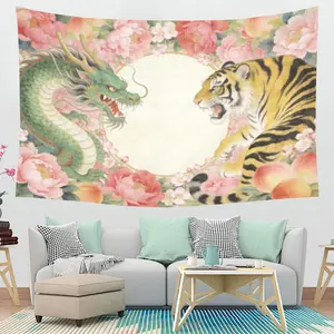 Dragon vs Tiger Tapestry - Aesthetic Japanese Floral Wall Hanging for Bedroom & Living Room Decor