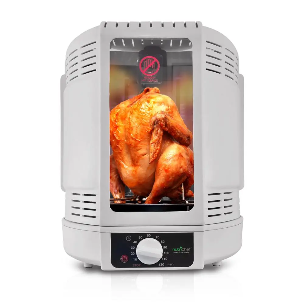 Nutrichef 700W Vertical Rotisserie Oven - White Electric Countertop Cooking Appliance for Seafood, Beef, Turkey - Rotating Kebab Machine with Dual Heating Elements, Auto Shut-Off, Timer Control, Skewer Rack, Poultry Tower, Drip Tray