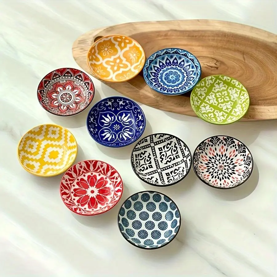 Ceramic Dipping Bowl Set, Decorative Bowls, 10pcs Colorful Flower Pattern Seasoning Bowl, Multifunctional Dinnerware Sauce Bowl, Serving Bowls for Home Kitchen Restaurant, Ceramic Pasta Bowls, Ceramic Salad Bowls, Ceramics Tableware, Chip Dip Bowl