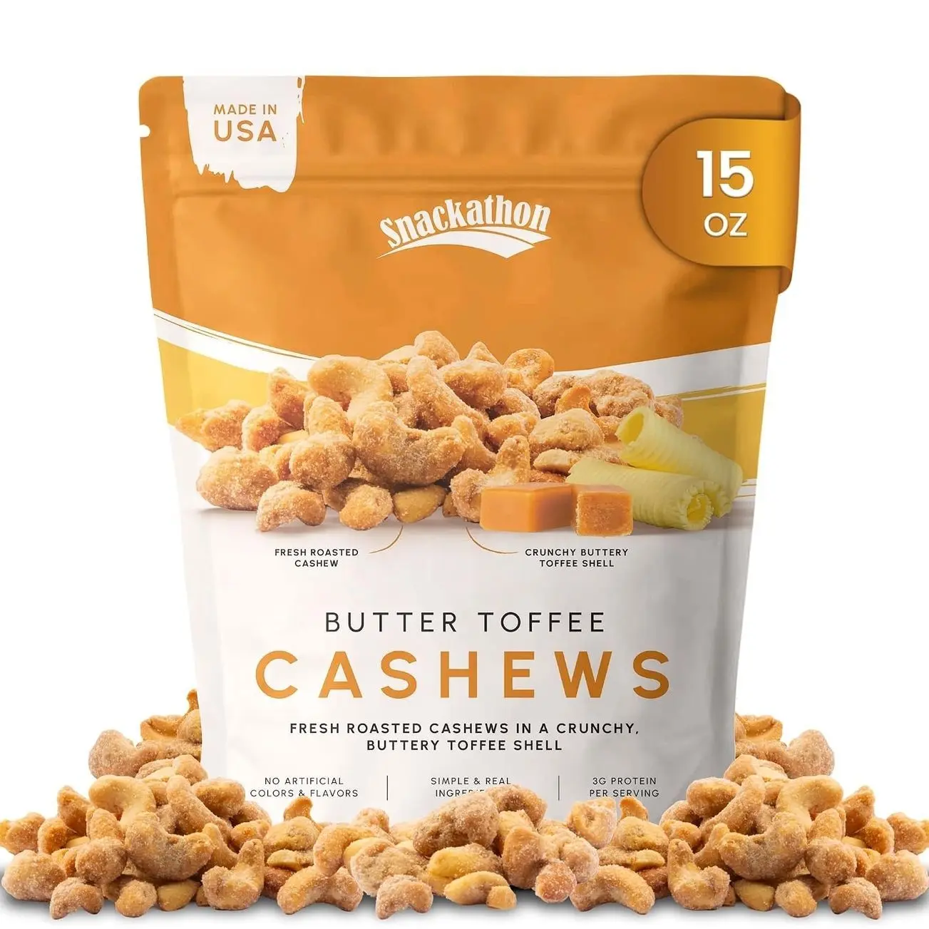 Snackathon Butter Toffee Cashews, 15 oz Resealable Bag, Made in USA, All-Natural Fresh Roasted Nuts Coated in a Crunchy Buttery Toffee Shell, Gourmet Sweet & Salty Snack