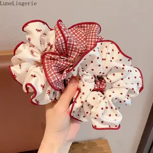 LuneLingerie 3PCS Red & White Ruffled Edge Scrunchies, Bow & Polka Dot & Plaid Print Hair Ties, Sweet Cute Elastic Hair Accessories for Women