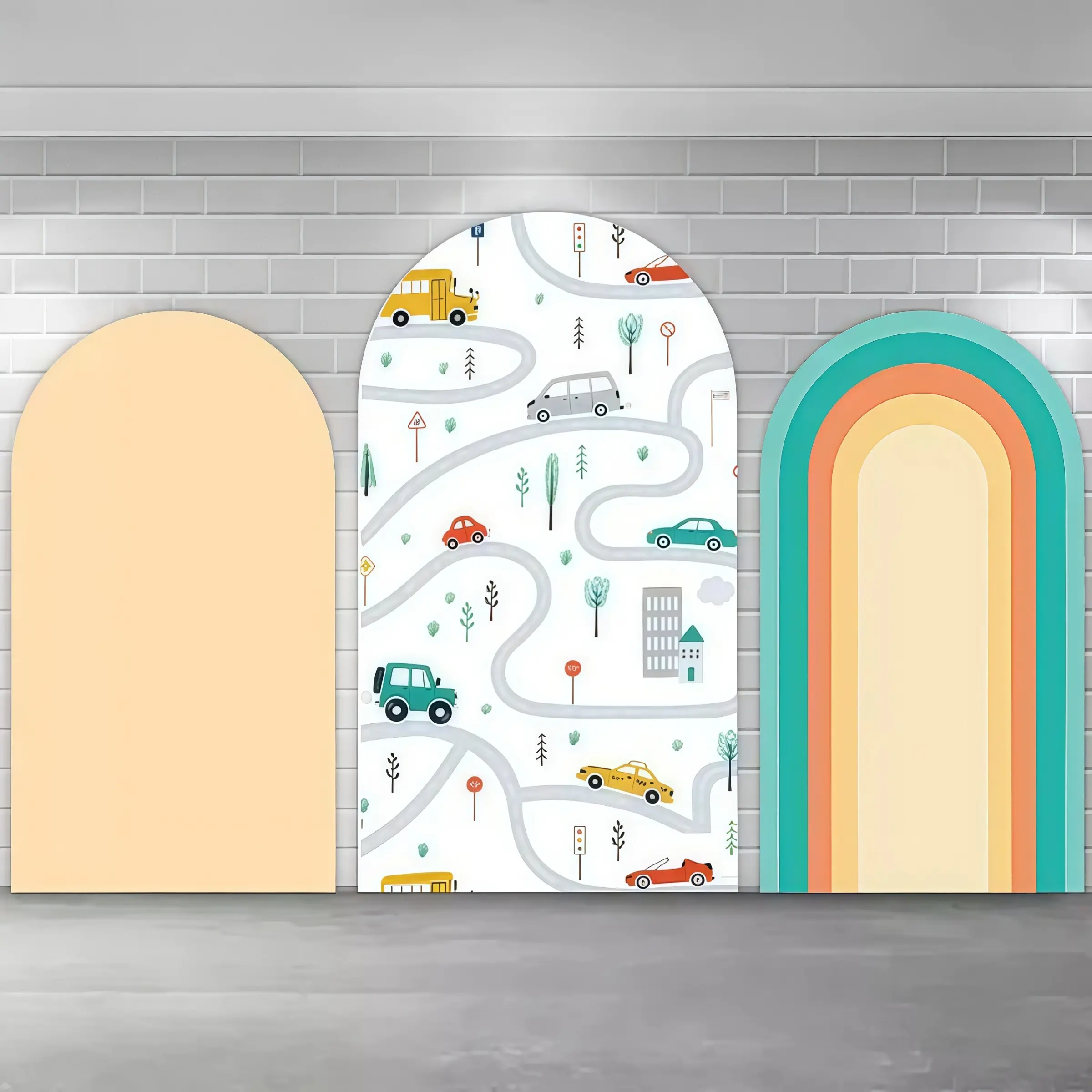 Car Road Map Arch Covers Stretchy Backdrop – Neutral & Rainbow Design, Perfect for Boys’ Birthday & Transportation Theme Party Photo Backdrop, Party Decoration Supplies