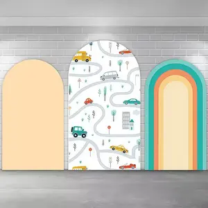 Car Road Map Arch Covers Stretchy Backdrop – Neutral & Rainbow Design, Perfect for Boys’ Birthday & Transportation Theme Party Photo Backdrop, Party Decoration Supplies
