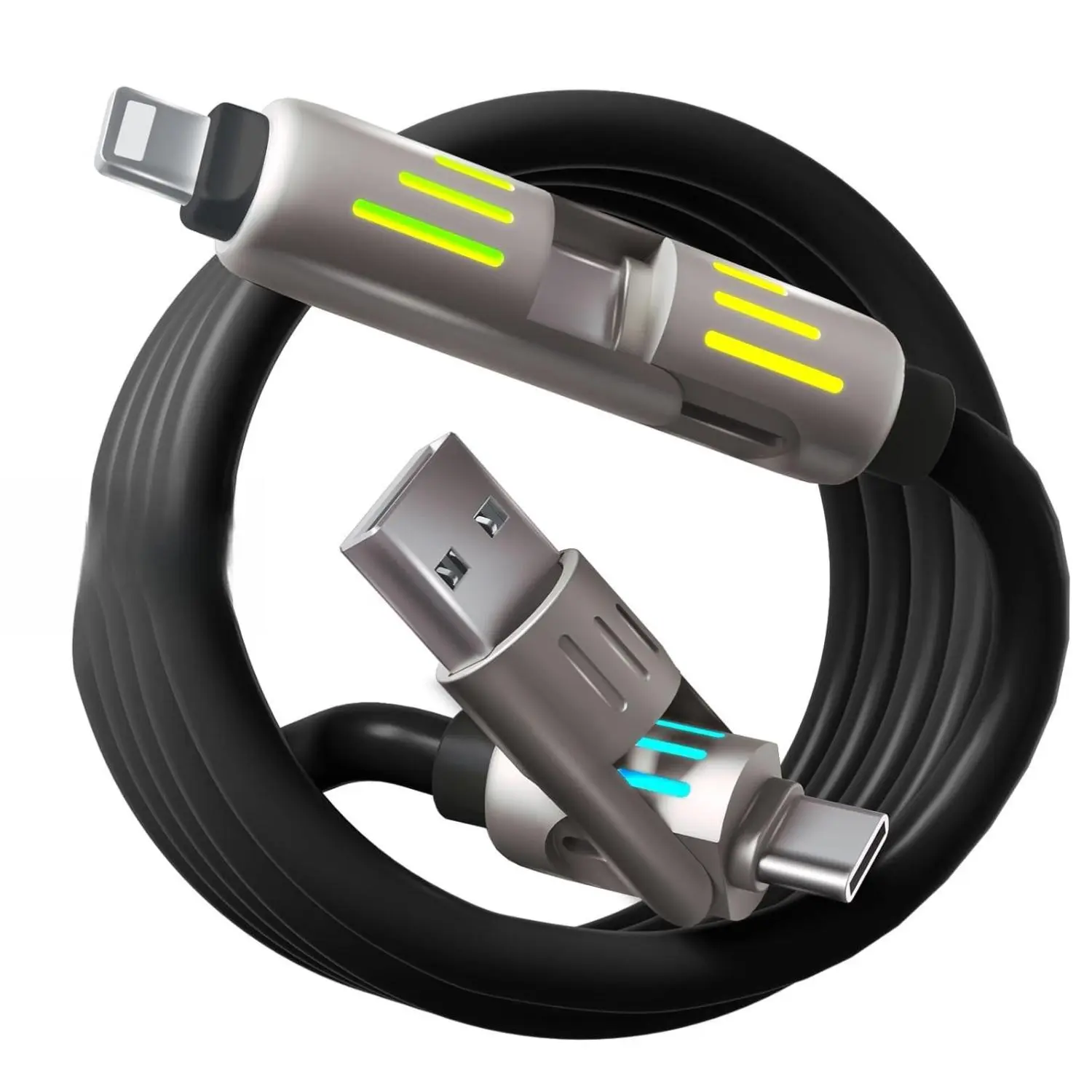 240W 4-in-1 Multi USB Charging Cable with LED Indicator Fast Charging Data Sync USB-A USB-C iOS Connectors for iPhone Samsung Laptop 4FT Rich Black Durable Liquid Silicone