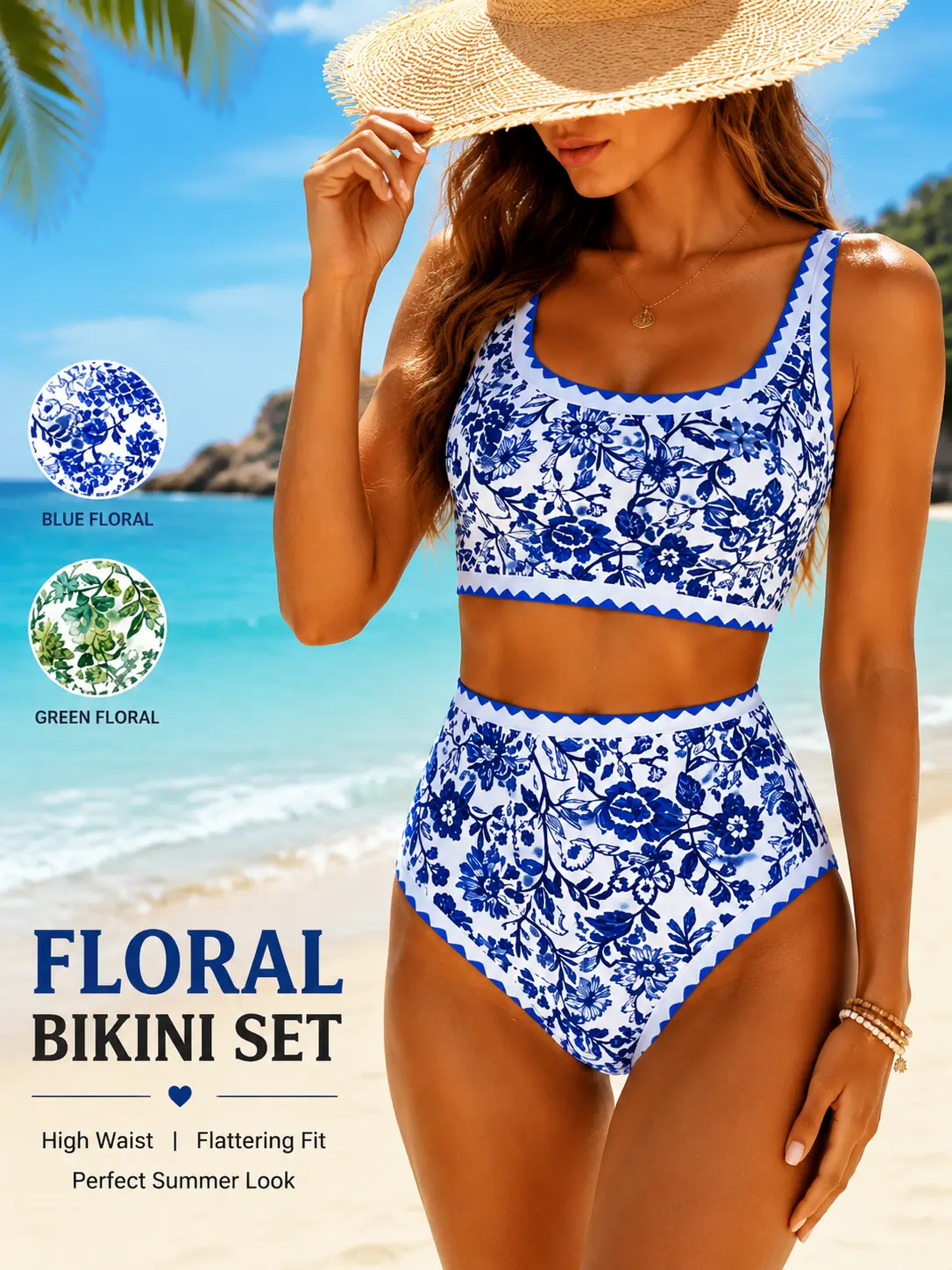 Women's 2026 Floral Print 2-Piece Tankini Set - High-Waisted Bottom, Cropped Tank Top, 2 Color Options, Ideal for Pool Parties, Beach Days Swimsuits Set Stylish Swimwear