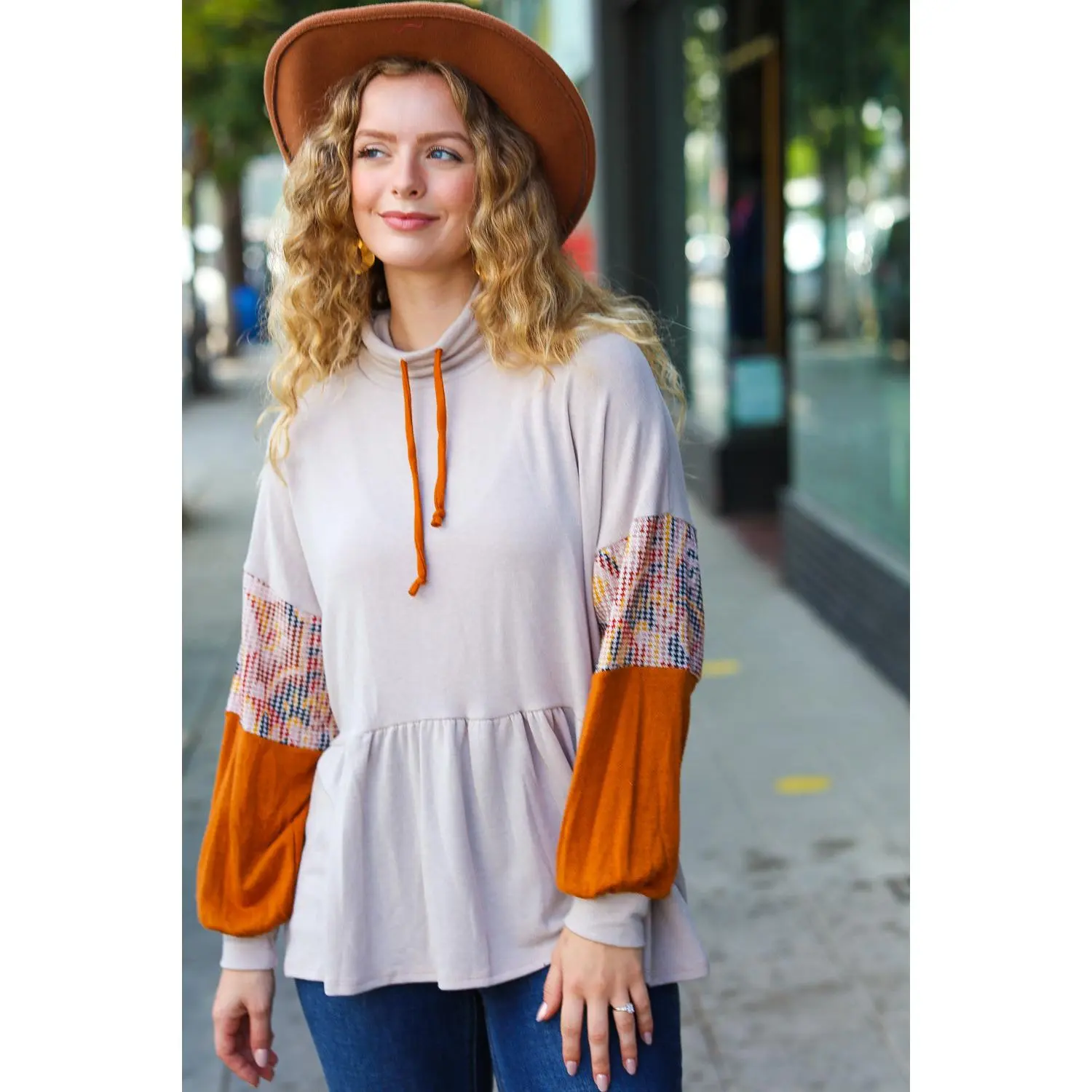 Taupe & Rust Turtleneck Babydoll Terry Top