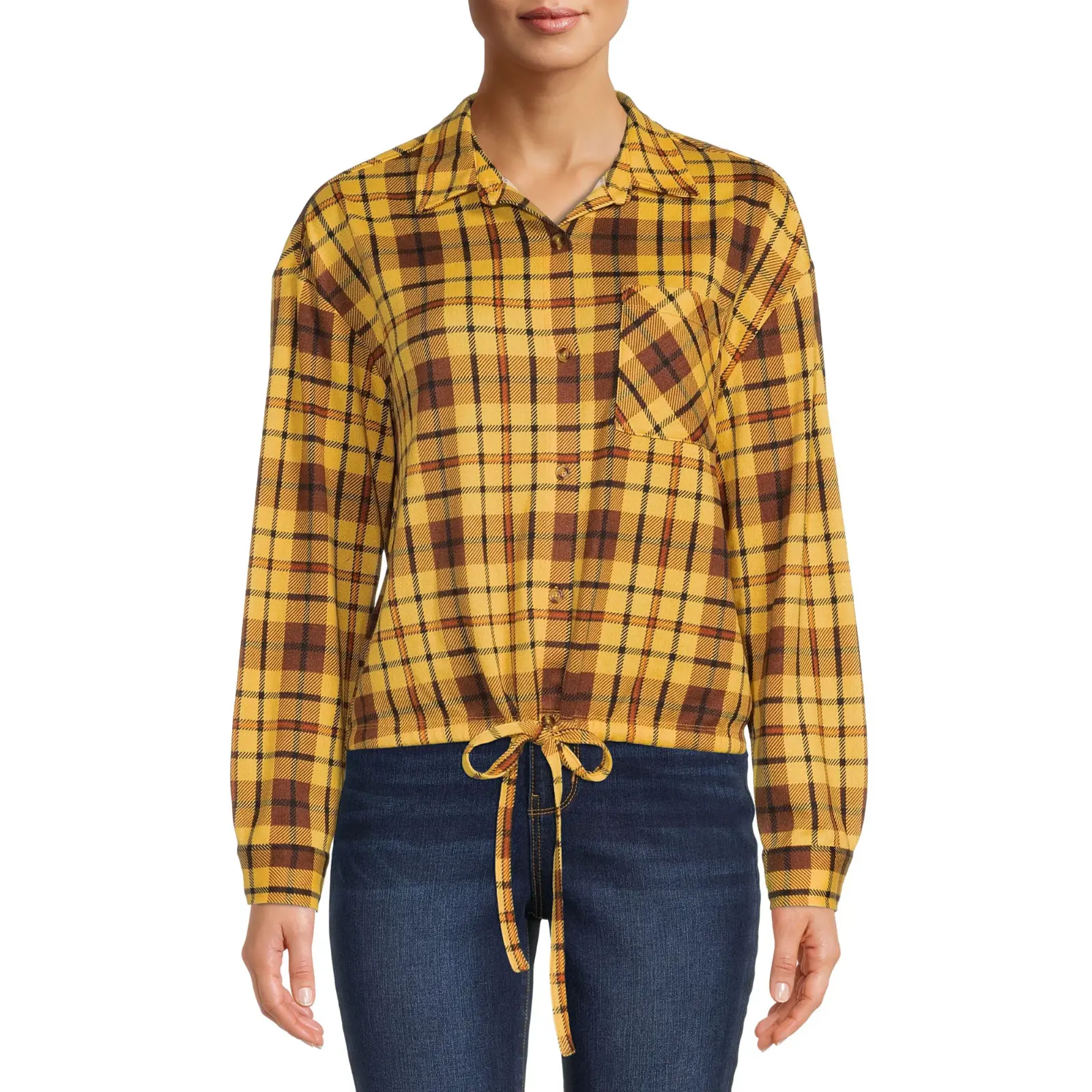 No Boundaries Juniors Knit Plaid Shirt, Clothing Size 3XL  NEW Long Sleeve Top Long Sleeve Top Womenswear Adjustable
