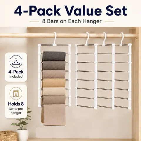 4-Pack Foldable Space Saver Pant Hangers - 8-Bars per Unit Multi-Layer Hanging Clothes Organizer (54cm×36cm Compact), Rubber-Coated Closet Hangers for Bedrooms, Apartments to Secure Jeans, Slacks