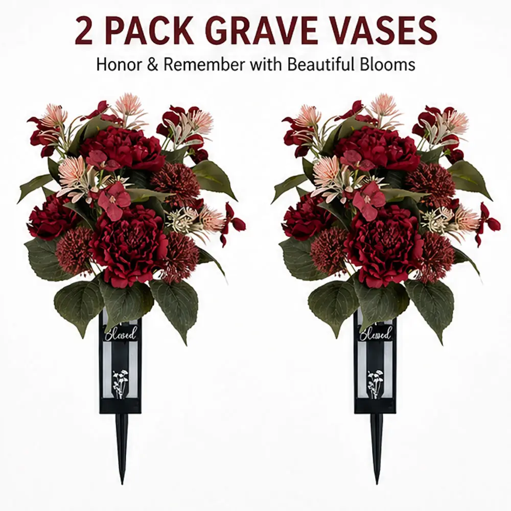 Cemetery Flowers for Grave: 2 Pcs Grave Flower Bouquets for Cemetery Decorations Spring Summer Outdoor Gravesite Flowers with Vase Peony Camellia