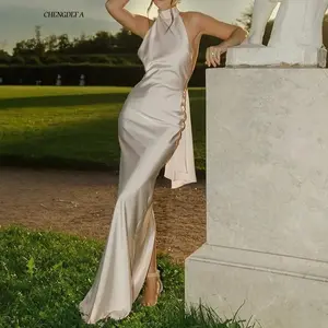 CHENGDEFA Sexy Halter Ribbon Backless Long Dresses Woman Spring Solid Satin Tight Gowns Evening Dress Summer Sleeveless Hollow Boho Dress