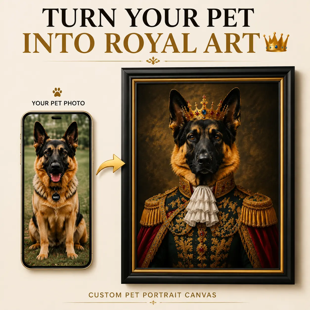 Personalized German Shepherd Royal Portrait Canvas, Custom Dog Painting From Photo, Renaissance Style Pet Wall Art, Luxury Gift For Dog Lovers Decor Black