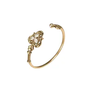 Chunky Metal Clover Cutout Diamond Cuff Bracelet | Antique Matte Gold Open Bangle, Aesthetic Layering Jewelry