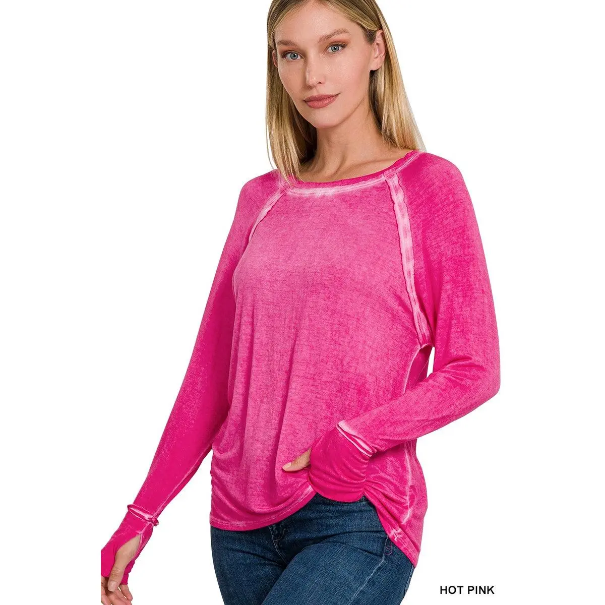 Zenana Washed Thumb Hole Cuffs Scoop Neck Long Sleeve Top