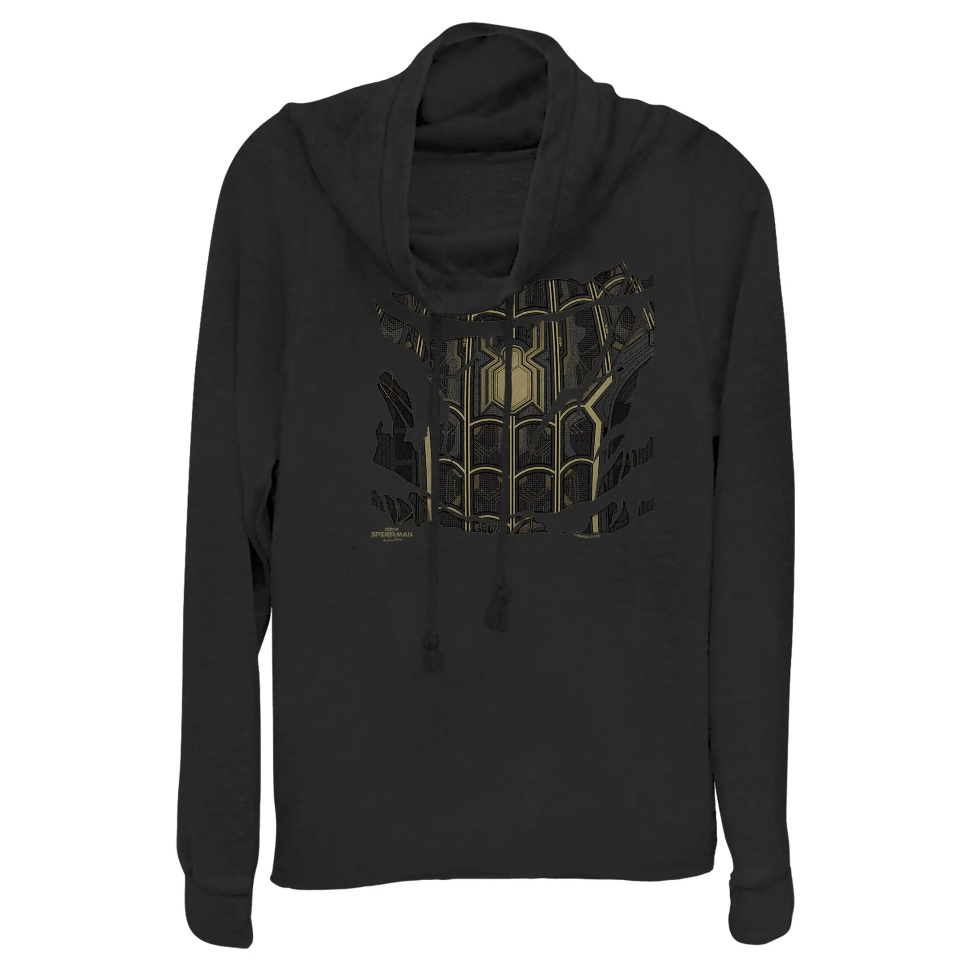 Juniors Womens Marvel Spider-Man: No Way Home Ripped Black Suit Cowl Neck Sweatshirt