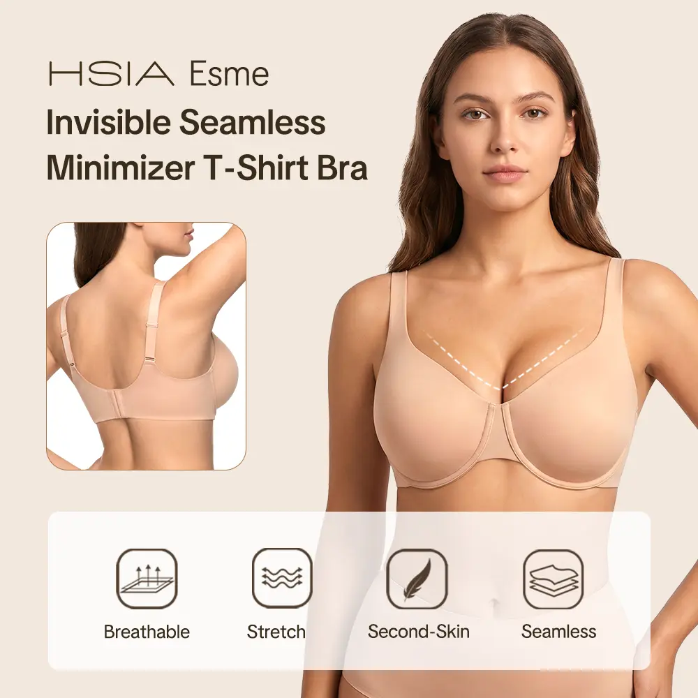 HSIA Esme Seamless Invisible Plus Size Unlined Underwire Full Coverage T Shirt Bra No Padding Minimizer Bra Silk Smooth Back Smoothing Daily Bras for Large Bust Women Breathable Lightweight Thin Lift Support Brassiere
