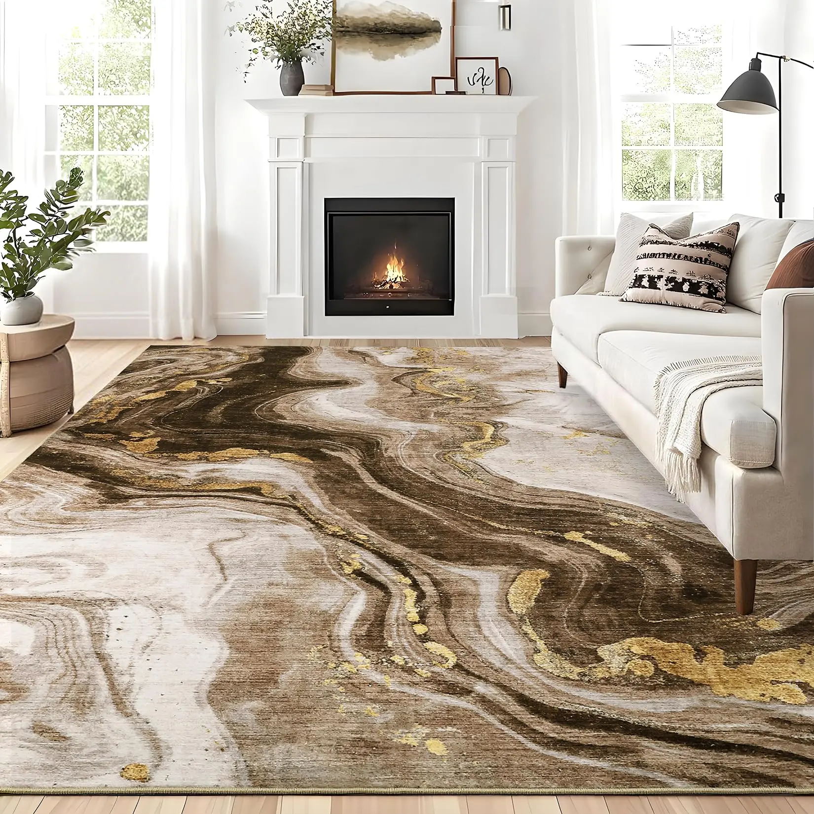 GARVEE Modern Washable Rugs 5x7 Neutral Abstract Throw Rugs, Non-Slip Abstract Accent Carpet with Marble Swirl Pattern, Stain-Resistant Low Pile Indoor Carpet Rug for Living Room, Bedroom, Brown