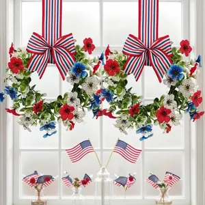 2-Pack Mini Patriotic American Cabinet Bow Wreath Door Hanger, July 4th Small Flower Circle, Independence Day Decor, Home & Party Supplies, Decorative Props, Home Decor Ornament