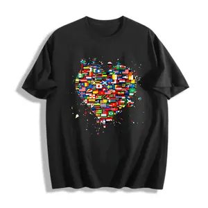 Men's 100% Cotton Graphic Tee World Flags Heart Design Casual T-Shirt S-5XL Plus Size Summer Wear Gift For Travel Lovers