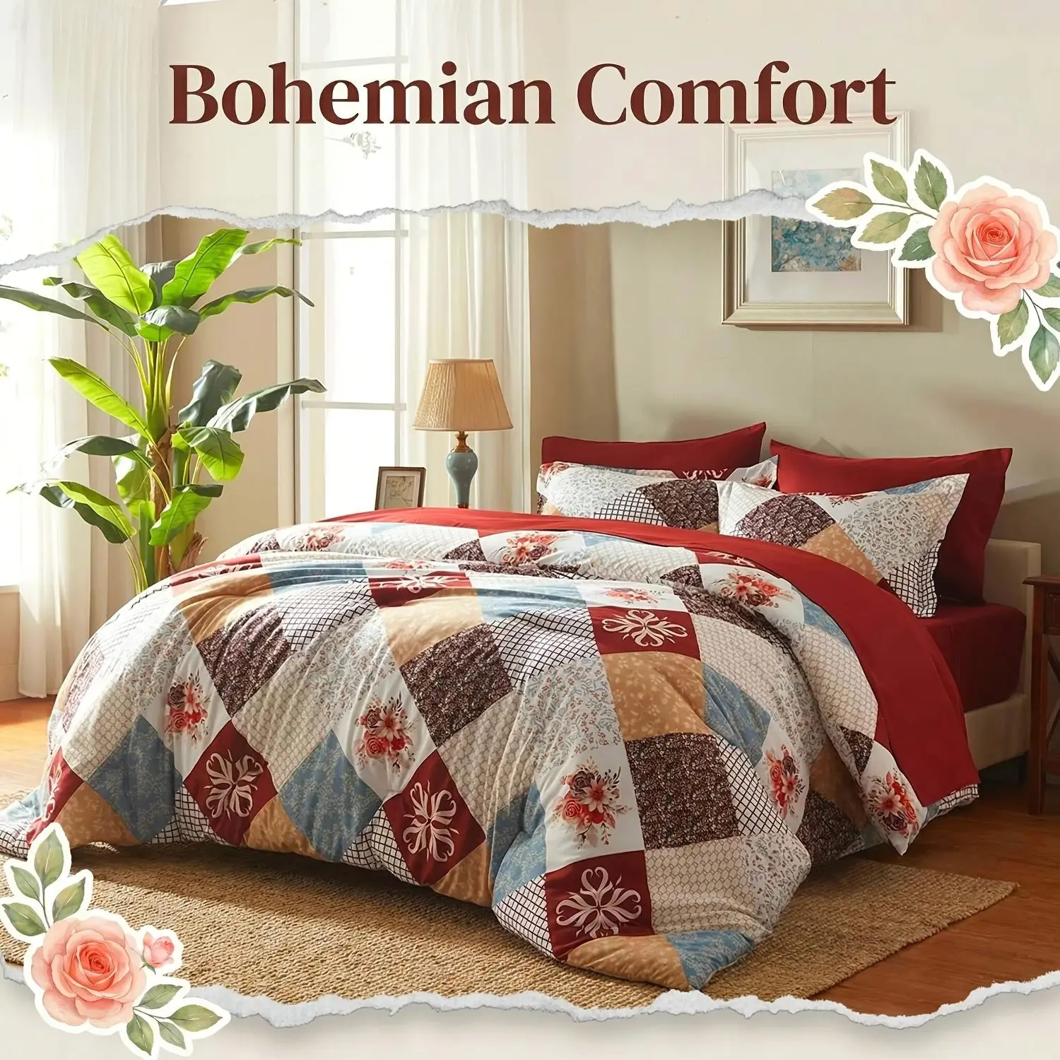 7pcs Home Cooling Quilt Set (1 Comforter + 1 Flat Sheet + 1 Fitted Sheet With 15" Deep Pocket + 2 Pillowcases + 2 Pillow Covers), Padding 1800Gsm Quilting Soft Digital Printing Bedroom Dormitory At Home - Mother'S Day Gifts For Family &