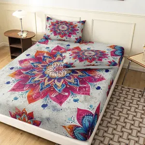 3pcs Boho Watercolor Mandala Fitted Sheet Set, Retro Floral Pillowcase Bedding(1 Fitted Sheet + 2 Pillowcases, No Pillow), HD Print for Home and Dorm Use