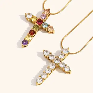 Stainless Steel Snake Chain Necklace with Inlaid Diamond Zircon Cross Pendant - Gold-Tone Rainbow & Clear Crystal Options Available
