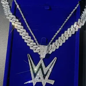 Miami Cuban Link Chain for Men, 20" Iced Out WWE Logo Pendant – Gold/Silver Bling Rhinestone Zinc Alloy Hip Hop Wrestling Jewelry