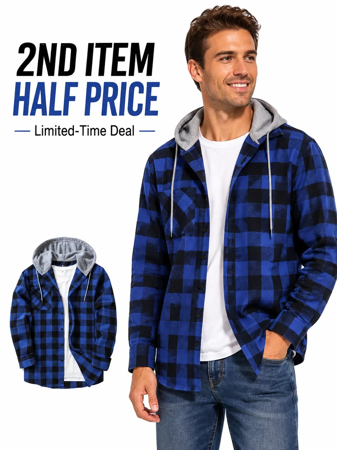 ZITY Men’s Plaid Hooded Flannel Shirt Jacket, Long Sleeve Button Down Shacket with Drawstring Hood & Chest Pocket, Casual Fall Layering Overshirt**