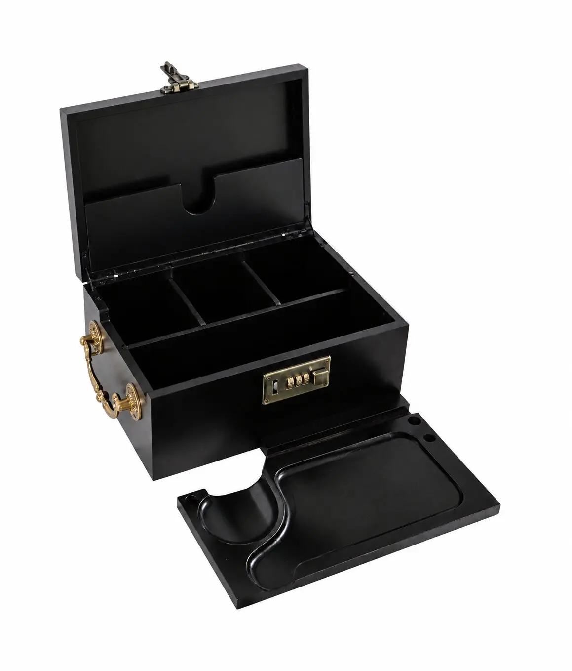 SINKZAICO Lockable Eco-Friendly Bamboo Storage Box Container - 10"x6.7" Rectangular Modern Dust-Free Home Organizer, Combination Lock, Carry Handle, Removable Tray, Compartmentalized Secure Storage, Phone Stand Compatible (Black Gift Set)