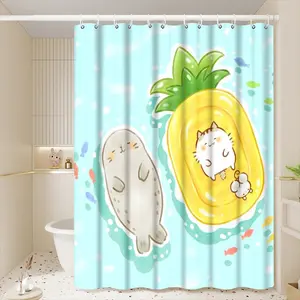 Cute Cartoon Seal & Pineapple Float Shower Curtain, Plastic Hooks, Bathroom Decor, Summer Gift for Friends