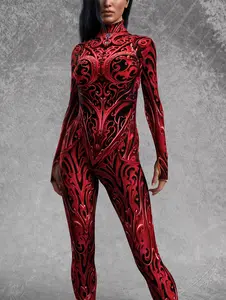 Red and Gold Patterned Bodysuit | A Dark Style Outfit That Instantly Fills A Gaming Expo/Electronic Music Party Atmosphere.Dark and luxurious style!Wear it to carnivals/themed parties and you'll be the star!