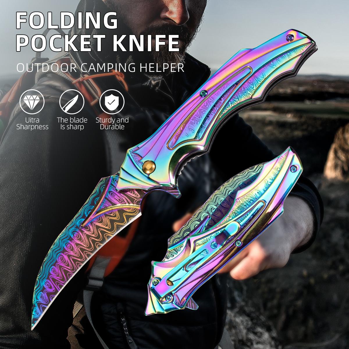 Vibrant Rainbow/Gold Damascus Folding Knife, Perfect for Hiking Camping & EDC