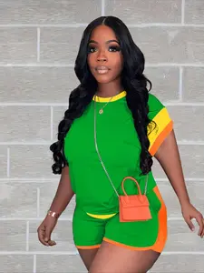 Women's Patchwork Print Short Sleeve Tee & Shorts Two-piece Set, Casual Round Neck T-shirt & Shorts for Daily Wear, Ladies Summer Clothes