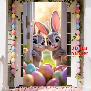 Easter Happy Door Banner, Cute Bunny Porch Cover, 35.4inx70.8in Durable Polyester Fiber, Perfect for Easter Party Decorations, Party Decorations Banners
