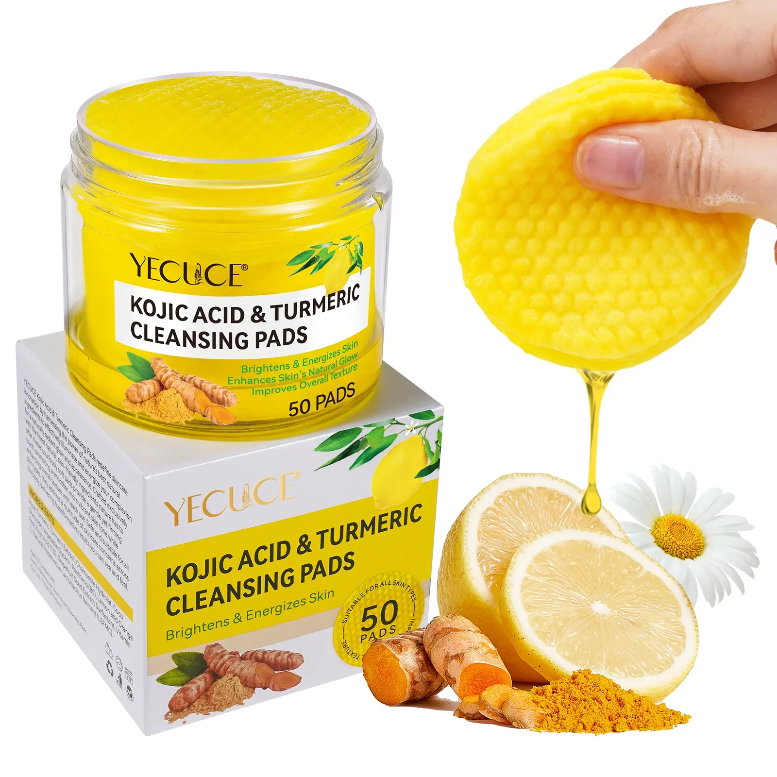 Turmeric Cleansing Exfoliating Cotton Pads, Facial Skincare, Brightening Skin Routine, Deep Cleaning, Contains Curcumin & Turmeric, Hygienic Packaging, 50pcs/100pcs