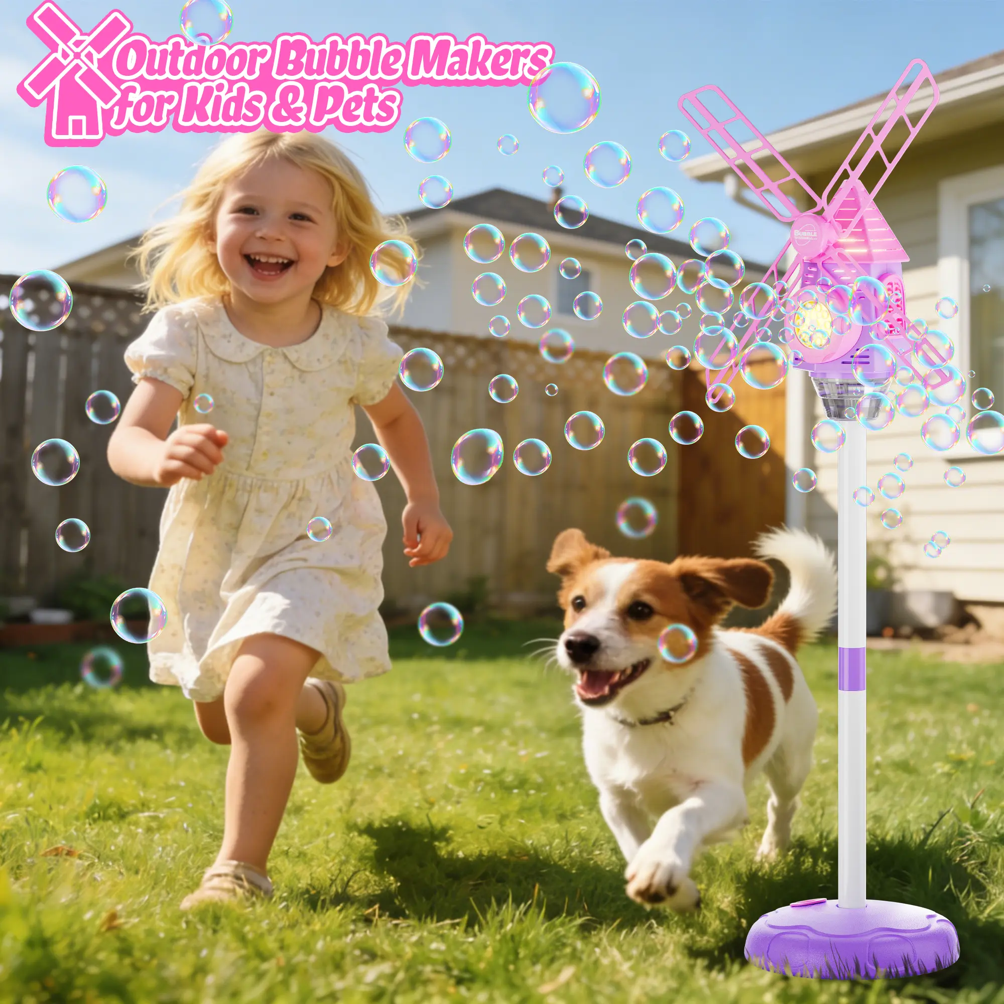 Windmill Shape Automatic Bubble Machine for 8-10 Years Old Kids - with Music Lights, Adjustable Height, 50ml Concentrated Bubble Liquid