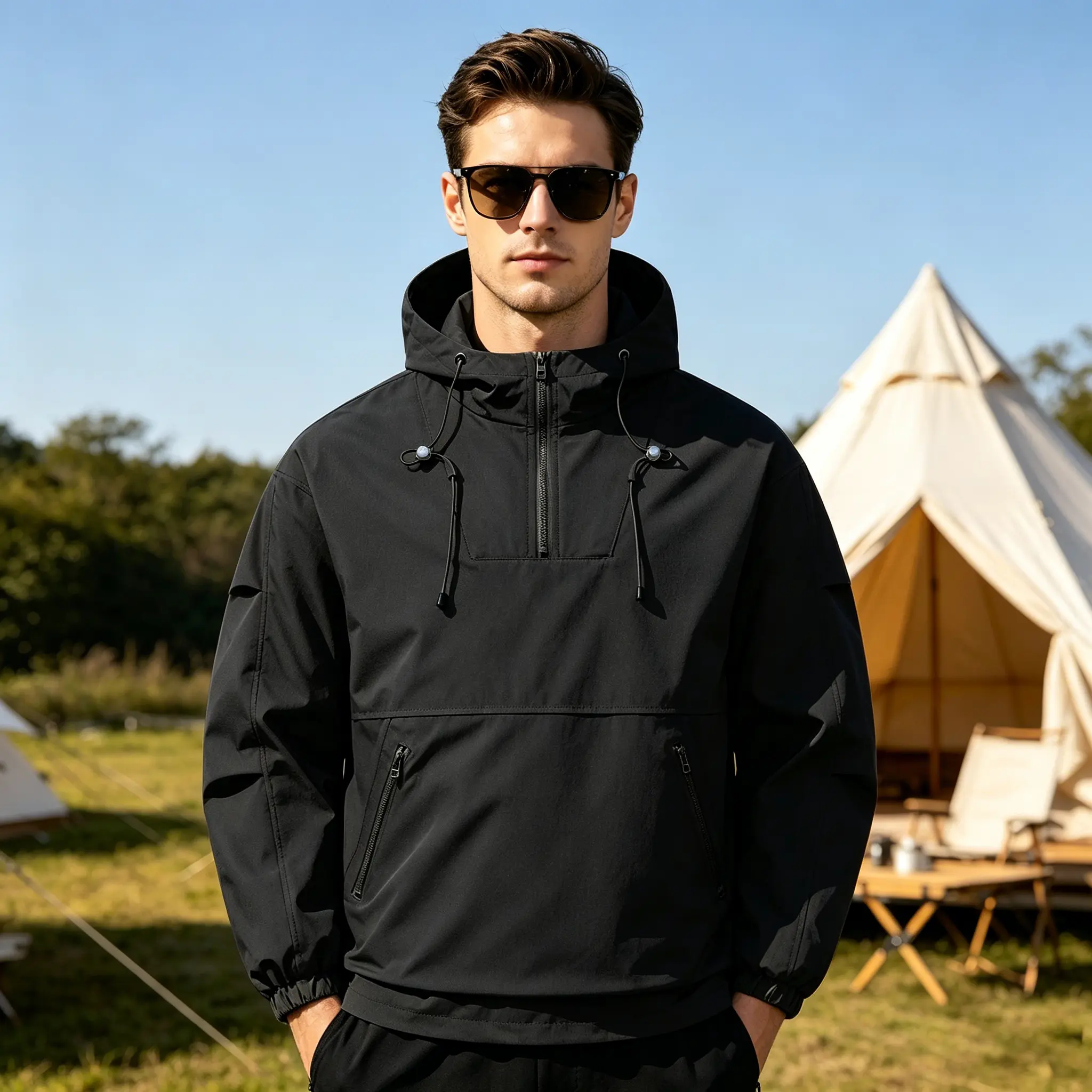 Men's Color Block Streetwear Anorak Jacket - Lightweight Long Sleeve Hooded Half-Zip Pullover, Polyester Woven Normal Type, Sporty Chic Fashion Casual Menswear Coat for Outdoor Athletic Use, Cold/Machine Washable