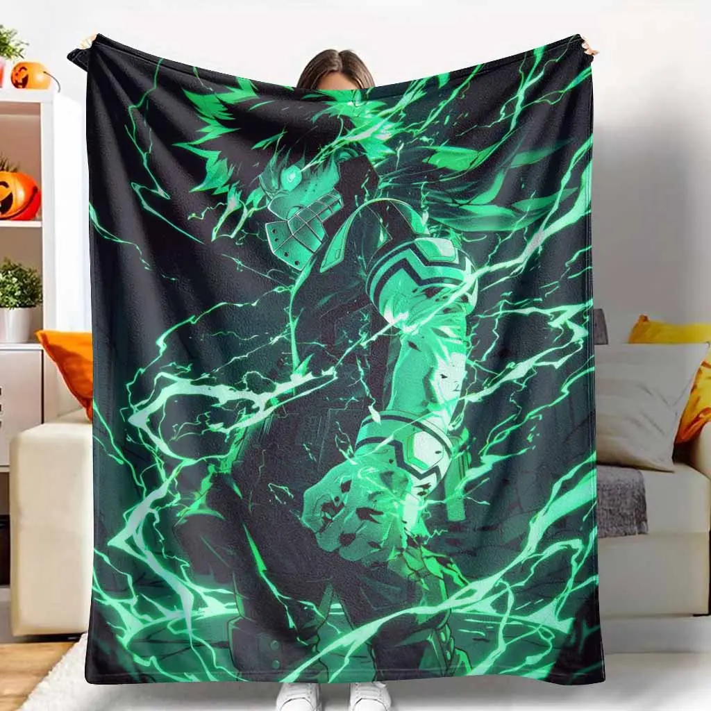 Deku anime flannel blanket One For All power print pattern ultrasoft lightweight breathable cozy warm durable perfect for living room bedroom couch sofa decor ideal gift for anime fans birthday holiday Christmas housewarming.