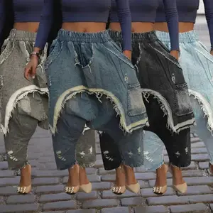 2025 Women's wear personalized distressed, brushed and ripped jeans, fashionable loose Harem pants