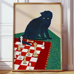 Vintage Black Cat Chess Poster  Playful Cat Printable Artwork  Funny Cat Print  Whimsical Animal Poster  Kitty Playing Print