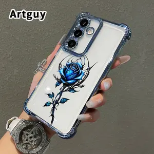 Blue Thorned Rose Pattern Phone Case Suitable for Samsung Galaxy S26 S23 Ultra S24 Plus S25 S22+ FE Edge Four Corner Air Cushion Anti Drop Transparent Full Coverage Cover