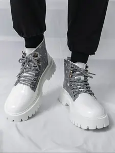 Men's Fall Winter High-Top Boots, Western Inspired Boots, Lightweight Bright Surface, Thick Sole Height Increase, Casual Fashion Youth Short Boots