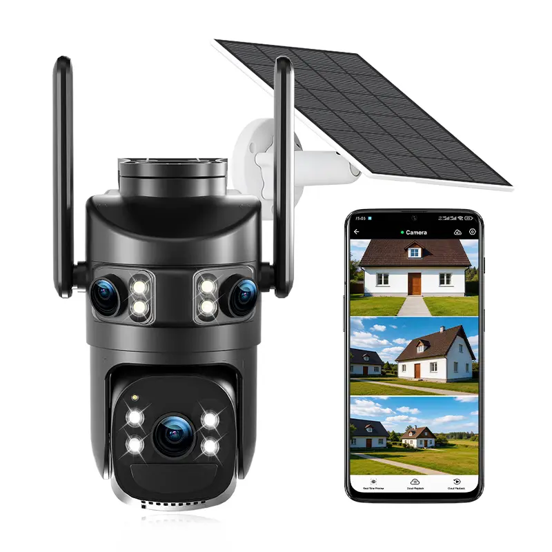 Triple-Lens Solar Security Cameras Wireless Outdoor, 2.4G/5G WiFi, 360° View Pan/Tilt Camera for Home Security with 6MP Color Night Vision, PIR Motion Alarm,Spotlight Siren,2-Way Audio, InstallIP66 waterproof rating, easy to install