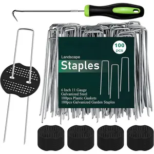 6 Inch 100 count Galvanized Landscape Staples 100 count Gaskets Pick Hook  Stakes 11 Gauge Anti-Rust Landscaping Fabric SOD Pins U Shaped Yard Turf Stakes for Weed Barrier Fabric